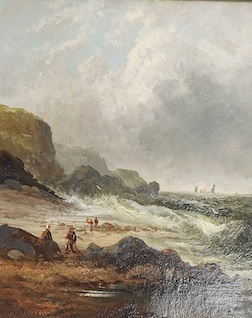 W. Byron (American, 1860-1920), Shore scene with figure near a rough sea, signed, oil on panel, 29 x 23cm.